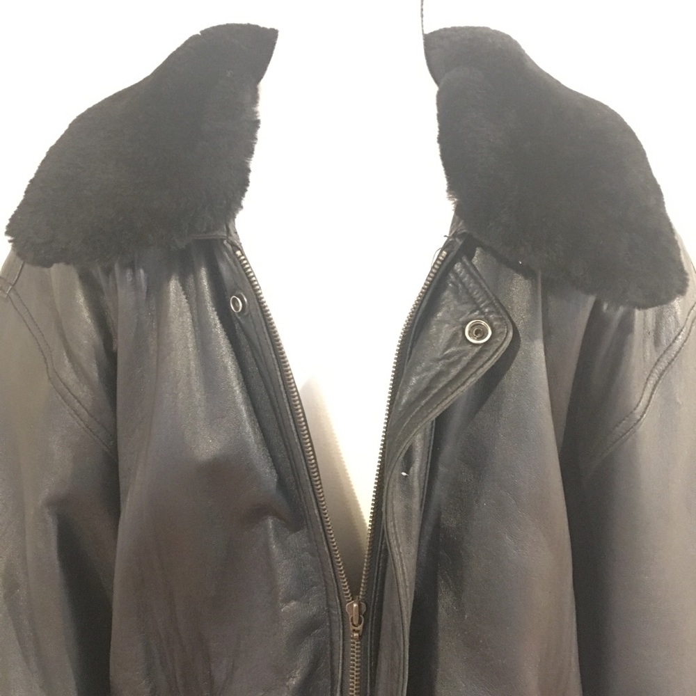 Shearling fur leather bomber jacket large black - Picture 3 of 8